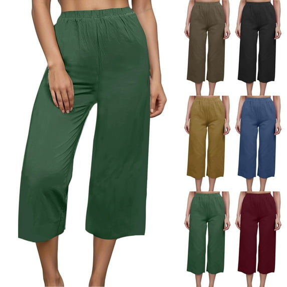 CFLVAEK Cotton Linen Capri Pants for Women Plus Size High Waisted Lounge Capris Loose Fit Casual Wide Leg Cropped Pants Plain Color Capris 2025 Green L