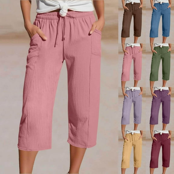 CFLVAEK Cotton Linen Capri Pants for Women with Pockets Casual Summer Wide Leg Lounge Capris Comfy Drawstring High Waisted Cropped Pants Coffee L