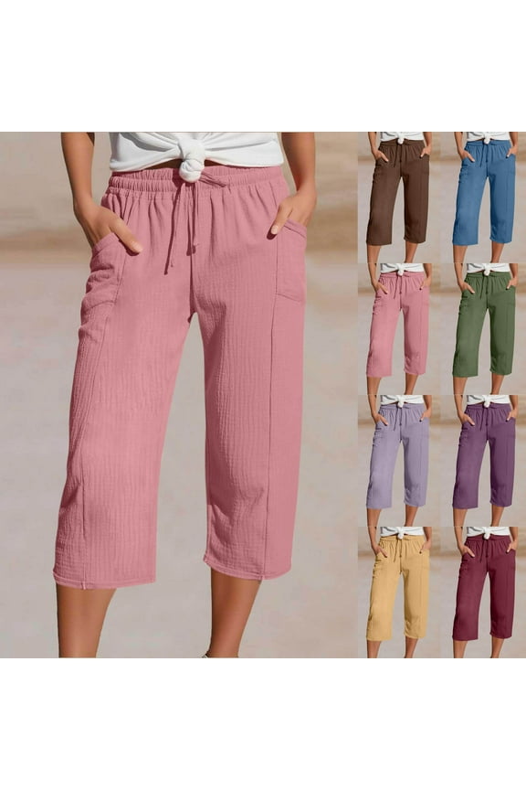 Cotton Linen Capri Pants for Women with Pockets Casual Summer Wide Leg Lounge Capris Comfy Drawstring High Waisted Cropped Pants Wine XL