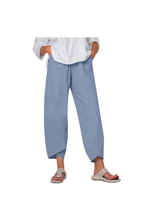 Cotton Linen Culottes Plus Size Women with Pocket Fall Elastic High Waisted Trousers Lightweight Petal Shaped Cuff Pants Solid Color Wide Leg Cropped Lounge Pants