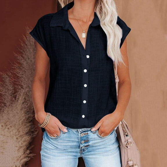 CFLVAEK Cotton Linen Office Shirts for Women Casual Dressy V Collar Henley Tunic Shirts Solid Colid Cap Sleeve Tops Lightweight Button Down Work Blouses