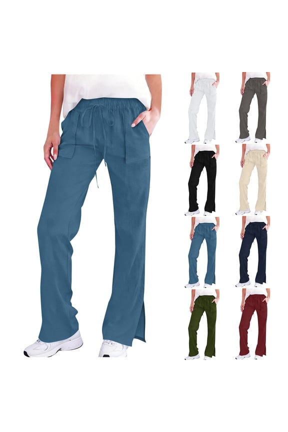 Cotton Linen Pant for Women Fashion Side Split Wide Leg Pants with Pockets Solid Color Drawstring High Waisted Trousers Blue XXL
