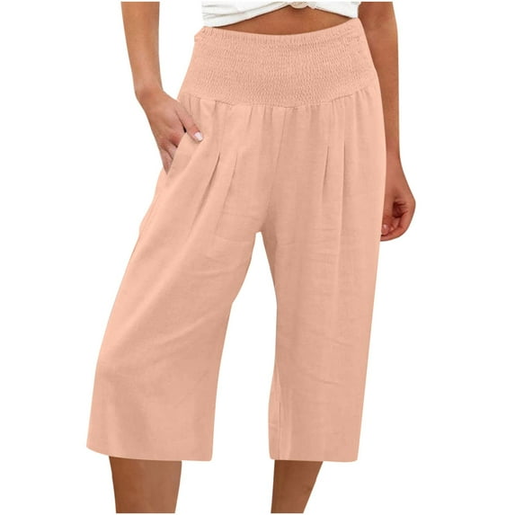 CFLVAEK Cotton Linen Pants for Women with Pocket Elastic High Waist Solid Trousers Lightweight Knee Length Capri Pant Plus Size Going Out Summer Pants