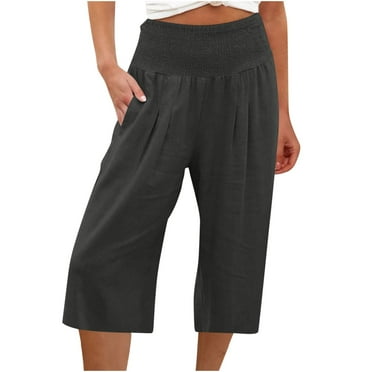 CFLVAEK Cotton Linen Pants for Women with Pocket Elastic High Waist Solid Trousers Lightweight Knee Length Capri Pant Plus Size Going Out Summer Pants