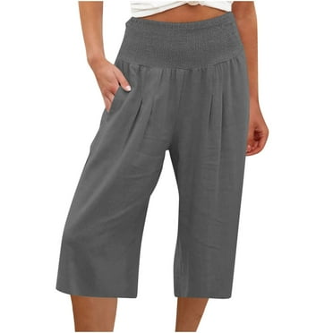 CFLVAEK Cotton Linen Pants Women with Pocket Elastic High Waist Solid Trousers Lightweight Knee Length Capri Pant Plus Size Going Out Summer Pants