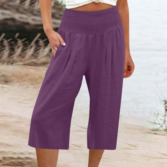 CFLVAEK Cotton Linen Pants for Plus Size Women with Elastic Waist Cropped Pant Summer Casual Pocket Capri Pants Comfy Wide Leg Lounge Pant