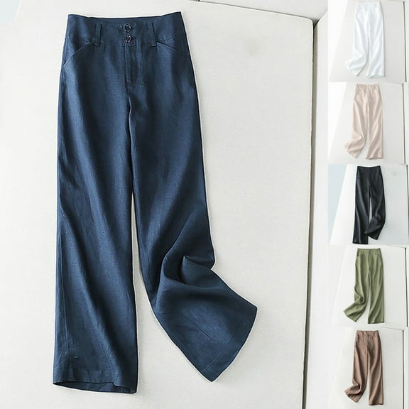 CFLVAEK Cotton Linen Pants for Women Plus Size Button Up Slacks Trousers with Pockets Dressy Casual Straight Wide Leg Long Pants Black XL