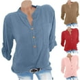 thumbnail image 1 of CFLVAEK Cotton Linen Shirts for Women Plus Size Henley V Neck Shirt with Pockets Casual Summer 3/4 Sleeve Blouses Solid Color Going Out Tops Blue XXL, 1 of 4
