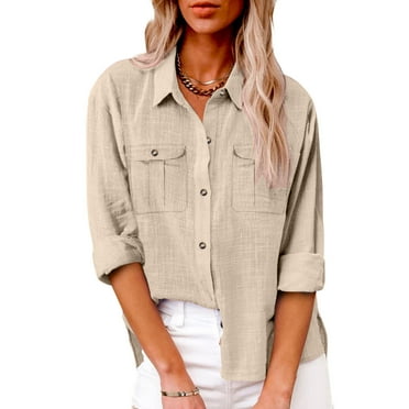 CFLVAEK Cotton Linen Shirts for Women Button Down Collared Shirt with Pockets Loose Fit Long Sleeve Shirts Solid Color Fall Blouses Beige XXL
