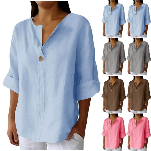 CFLVAEK Cotton Linen Shirts for Women Plus Size 3/4 Sleeve Blouses Loose Fitted Button V Neck Shirt Solid Color Going Out Tops Light Blue XXL