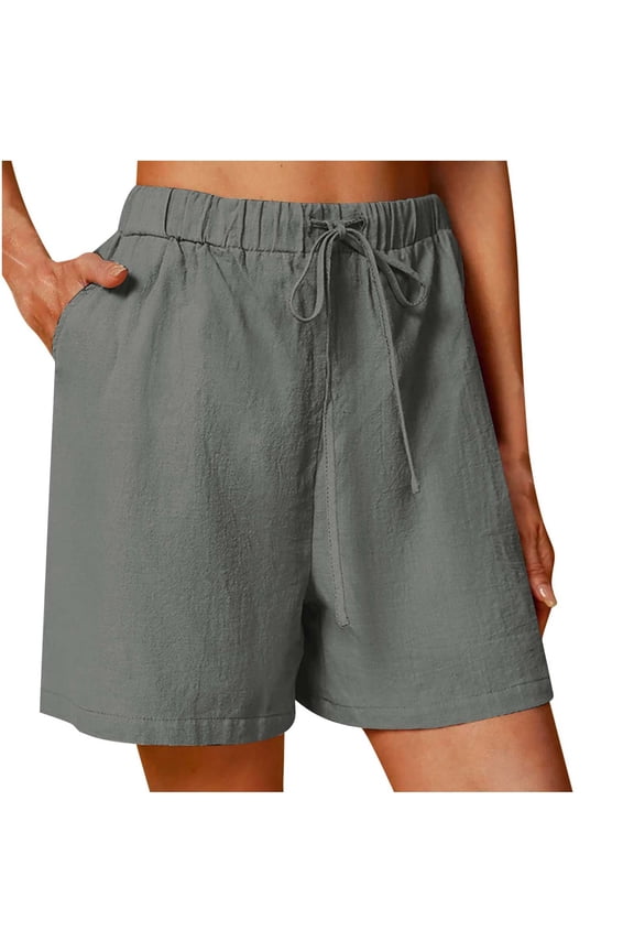Cotton Linen Short Pants for Women with Drawstring Loose Fit High Waist Shorts Basic Solid Going Out Bermuda Shorts Dark Gray 2XL