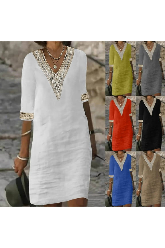 Cotton Linen Summer Dress for Women Plus Size Elbow Length Sleeve Dress Casual Eyelet V Neck Midi Dress Solid Color Beach Vacation Dress Black L