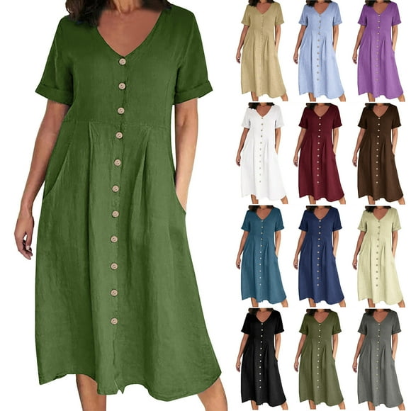 CFLVAEK Cotton Linen Summer Midi Dresses for Women 2025 Plus Size Short Sleeve A Line Dress Casual Button Down V Neck Dress Solid Color Beach Vacation Dress with Pockets Beige L