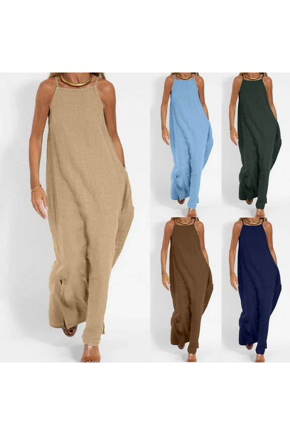 Cotton Linen Summer Tank Dresses for Women Spaghetti Strap Square Neck Sleeveless Dress with Pockets Solid Color Split Maxi Dress Brown XXL