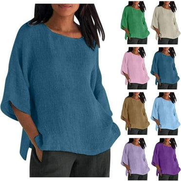 CFLVAEK Cotton Linen Tops for Women Plus Size Elbow Length Sleeve Tshirts Oversized Crewneck Shirts Side Slit Going Out Tops Solid Color Summer Tees Beige XXL