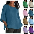 thumbnail image 1 of CFLVAEK Cotton Linen Tops for Women Plus Size Elbow Length Sleeve Tshirts Oversized Crewneck Shirts Side Slit Going Out Tops Solid Color Summer Tees Green S, 1 of 7