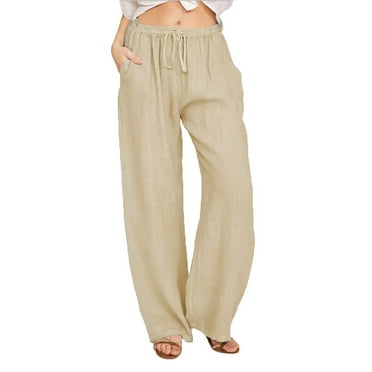 CFLVAEK Cotton Linen Trouser Style Pants for Women with Drawstring Baggy Bootcut Slack Pant Elastic High Waist Beach Trousers Casual Full Length Office Pants with Pockets