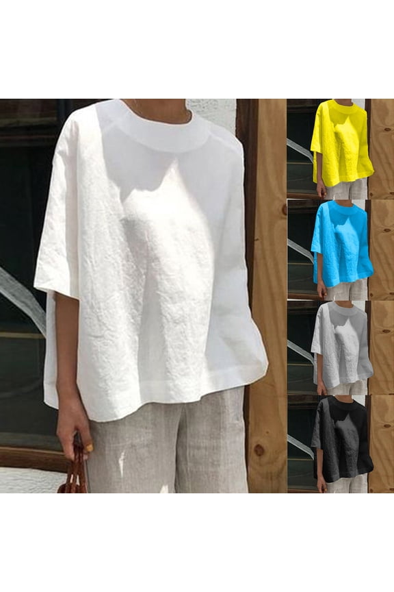 Cotton Linen Tshirts for Women Plus Size Elbow Sleeve T Shirts Loose Fitting Crewneck Summer Shirts Solid Color Classic Fit Tops White XL
