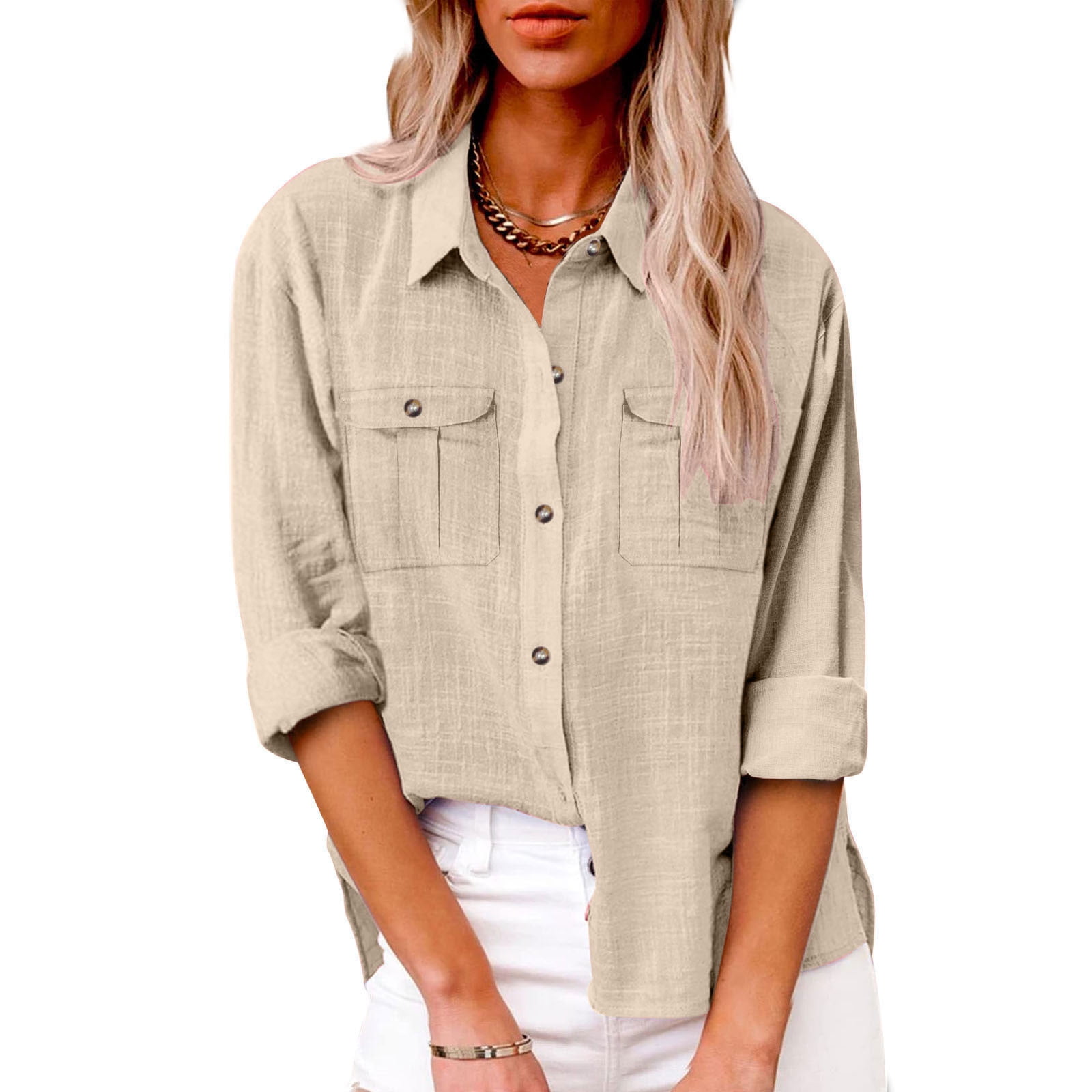 CFLVAEK Cotton Linen Tunic Shirts for Women Oversized 3/4 Length Sleeve Henley Shirts Baggy V Lapel Button Down Tops Solid Fall Going Out Blouses with 1 Pocket