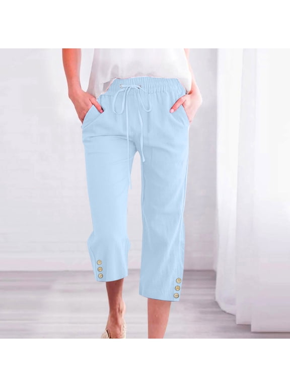 Cotton Linen Women Pants with Pocket Wide Leg Capris Solid Color High Waisted Drawstring Trousers Summer Casual Cropped Lounge Pants