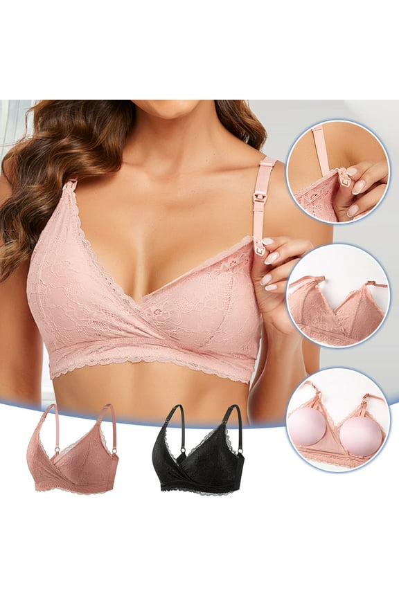 Cotton Nursing Bras for Women Ultra Comfort Wirefree Push Up Maternity Bra Criss Cross Lace Bralette Comfy Front Closure Bras for Pregnancy Black M