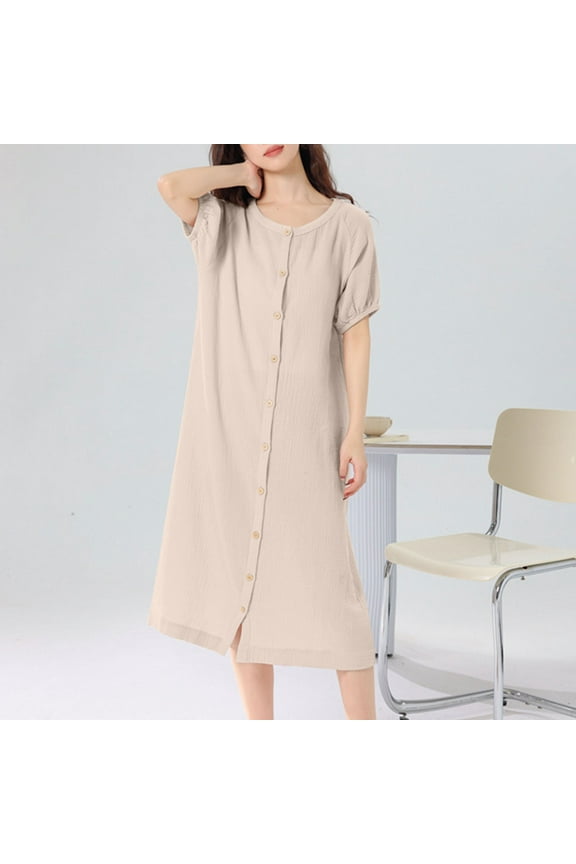 Cotton Robes for Women Casual Short Sleeve Snap Front House Coat Loose Fit Crewneck Sleepwear Solid Color Knee Length Loungewear Beige L