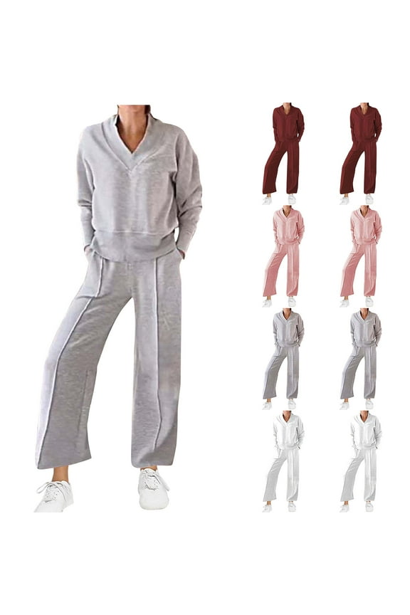 Cotton Sweatsuits 2pcs Sets for Women Plus Size Loose V Neck Long Sleeve Top and Long Pants Sets Solid Color Running Workout Outfits Sets with Pocket Wine XXXL