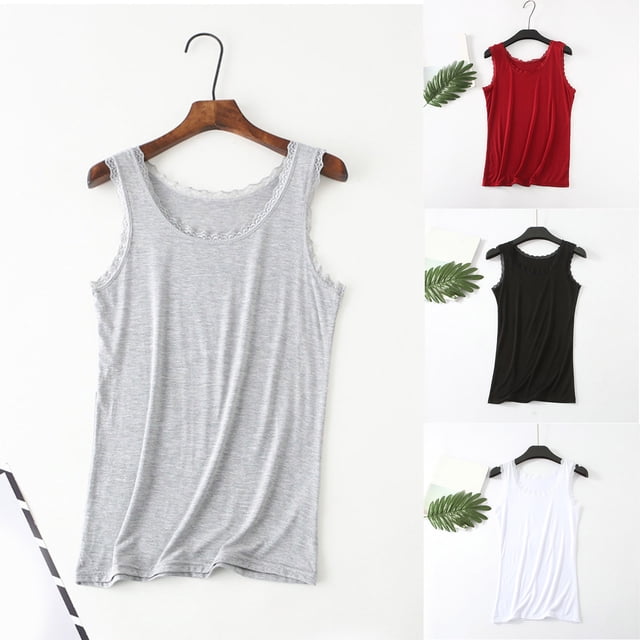 CFLVAEK Cotton Tank Tops for Women Plus Size Lace Trim Scoop Neck Shirts Loose Fitted Sleeveless Summer Tank Top Solid Color Undershirts White XXL