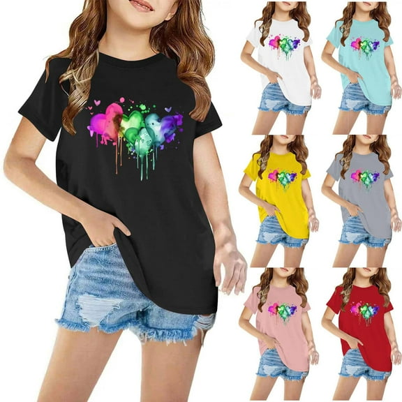 CFLVAEK Cotton Tshirts for Girls Trendy Gradient Graphic Tees Casual Short Sleeve T Shirt Loose Fit Round Neck Tshirts Summer Going Out Tops Red Size 4 Years