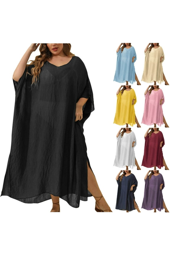 Cover Ups for Swimwear Women Plus Size V Neck Coverup Elegant Side Split Floor Length Cover Up Loose Fit Vacation Beach Coverup Free Size