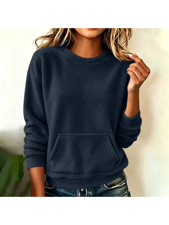 Crew Neck Sweatshirt for Women Warm Fall Winter Fuzzy Fleece Sweatshirts Solid Color Long Sleeve Pullover Tops with Pocket Navy XL