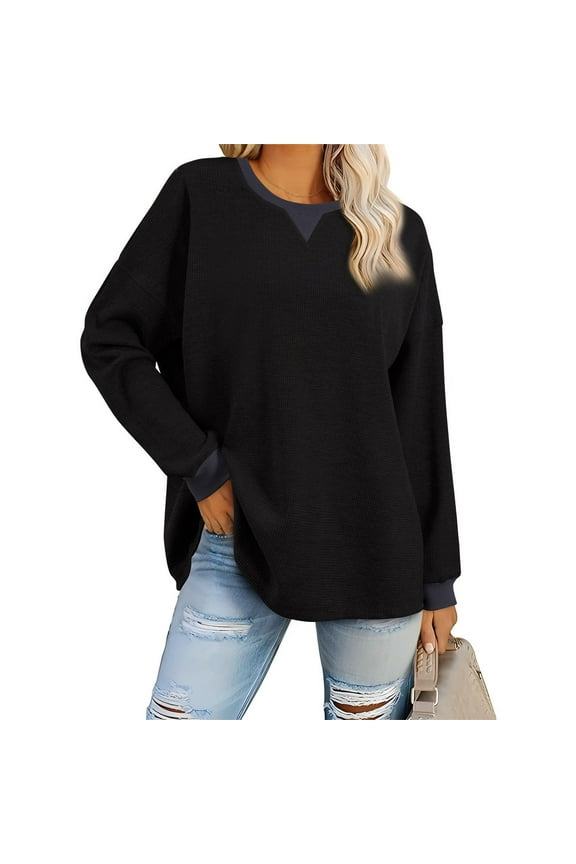 Crewneck Tshirts Women Oversized Waffle Knit Sweatshirt Loose Fitting Drop Shoulder Long Sleeve Pullover Tops Black XXL