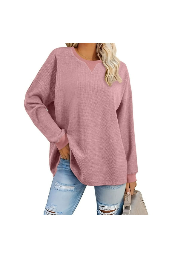 Crewneck Tshirts Women Oversized Waffle Knit Sweatshirt Loose Fitting Drop Shoulder Long Sleeve Pullover Tops Pink L