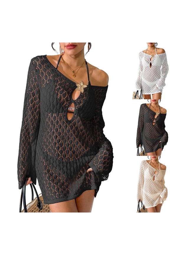 Crochet Beach Cover Up for Women Long Sleeve Swimsuit Cover Up Summer Casual Halter Neck Bathing Suit Cover Ups Beige M
