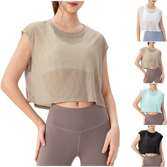 CFLVAEK Cropped Cover Ups for Swimwear Women Breathable Round Neck Sleeveless Tops Cover Up Workout Sheer Coverups Beach Vacation Running Coverup M