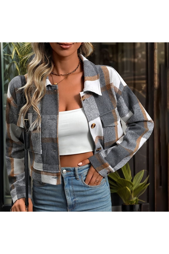 Cropped Jackets Women Fashion Plaid Short Jacket Casual Lapel Button Down Fall Coat Long Sleeve Coats with Pockets Gray M