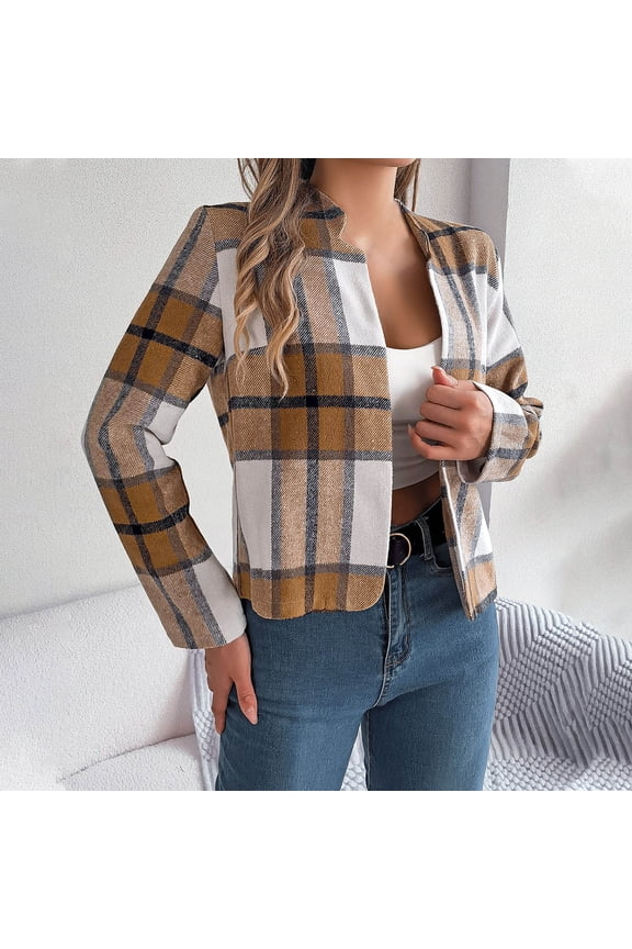 Cropped Jackets for Women Trendy Fall Winter Plaid Printed Jacket Dressy Casual Open Front Long Sleeve Shackets Coats Khaki M