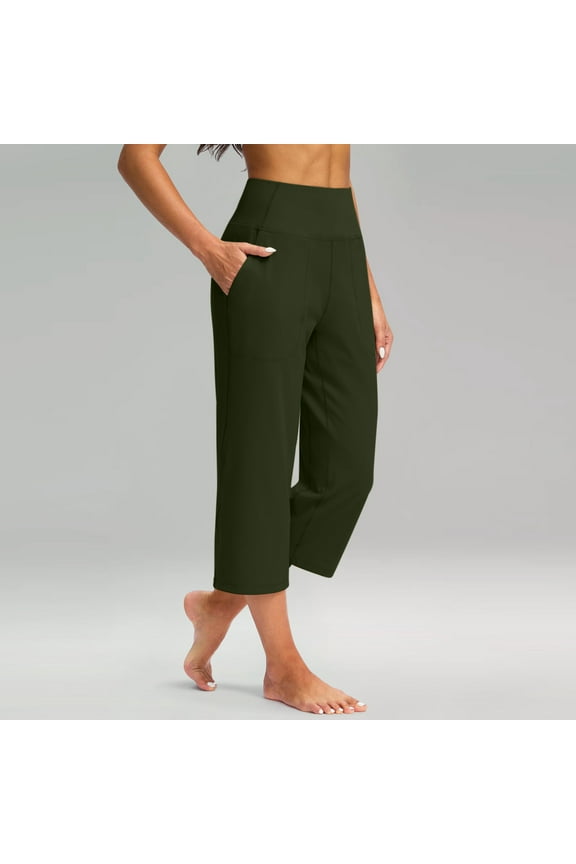 Cross Mid Rise Culottes with Pocket for Women Stretch Tummy Control Yoga Pants Baggy Wide Leg Capri Pant Army Green L