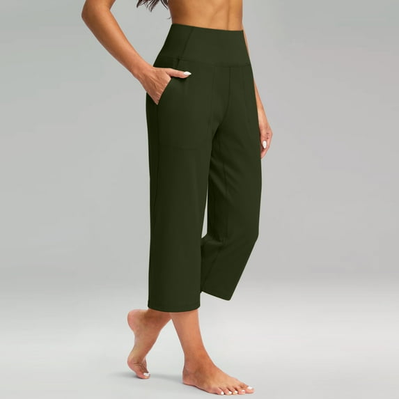 CFLVAEK Cross Mid Rise Culottes with Pocket for Women Stretch Tummy Control Yoga Pants Baggy Wide Leg Capri Pant Army Green L