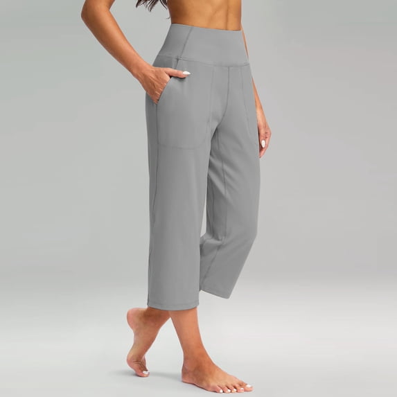 CFLVAEK Crossover Mid Rise Culottes for Women with Pocket Stretch Tummy Control Yoga Pants Baggy Wide Leg Capri Pant Gray L