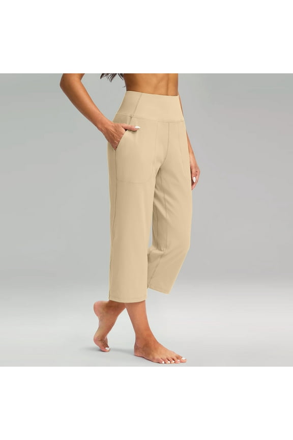 Crossover Mid Rise Culottes for Women with Pocket Stretch Tummy Control Yoga Pants Baggy Wide Leg Capri Pant Khaki M