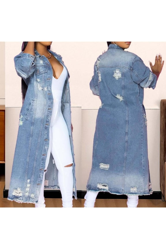 Denim Long Jackets for Women Trendy Ripped Fall Coats Plus Size Open Front Overcoat Casual Long Sleeve Jean Jackets with Pocket Blue XXL