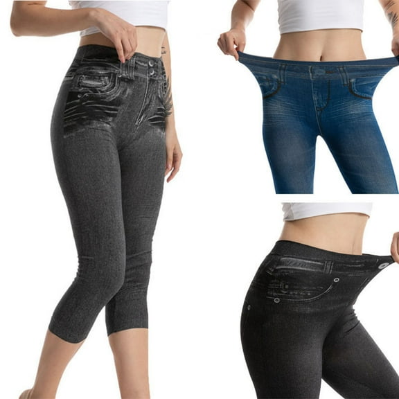 CFLVAEK Denim Print Capri Leggings for Women Stretch Butt Lifting Cropped Leggings Plus Size High Waisted Tummy Control Capris Leggings Black S