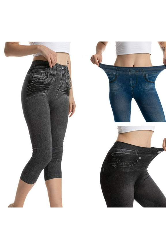 Denim Print Capri Leggings for Women Stretch Butt Lifting Cropped Leggings Plus Size High Waisted Tummy Control Capris Leggings Black S