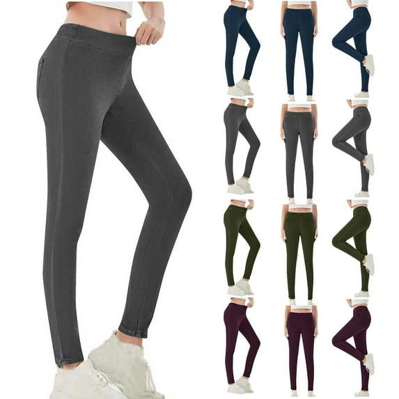 CFLVAEK Denim Print Yoga Pants for Women with Pockets Plus Size High Waisted Leggings Solid Color Stretch Workout Pant Army Green L