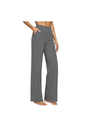 Dress Pants Women Business Casual Straight Leg Pant Solid Color High Waisted Linen Trousers with Pockets Gray XXL