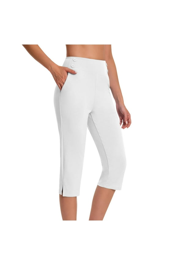 Dressy Capris Pants for Women High Waist Stretch Plus Size Womens Capris Pants Pull On Slacks with Pockets Work Casual White M