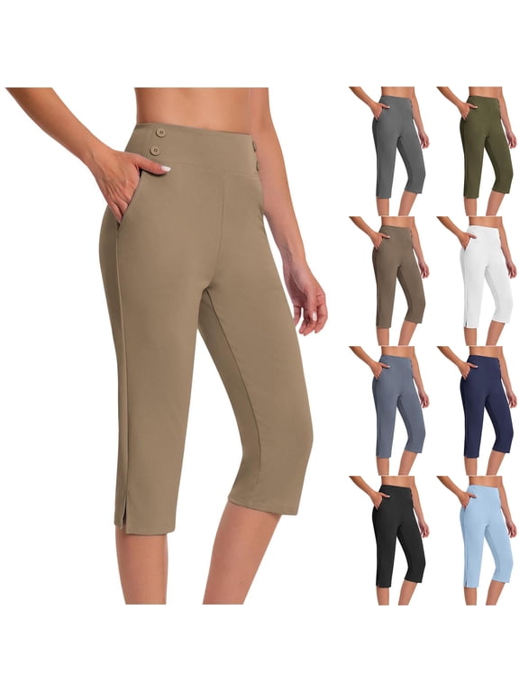 Dressy Capris for Women Plus Size Capri Pant Summer Casual High Waisted Stretchy Capris Pull On Slacks with Pockets White XXL