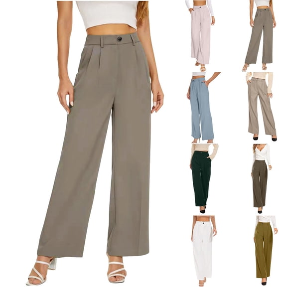 CFLVAEK Dressy Casual Pants for Women Loose Fit Straight Wide Leg Trousers with Pockets Comfy Button Elastic Waist Slacks for Office Work White S