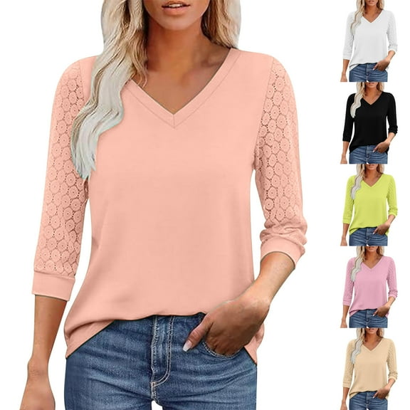 CFLVAEK Dressy Casual Shirts for Women Lace 3/4 Sleeve T Shirt Loose Fitting V Neck Tunic Tops Solid Color Spring Summer Going Out Blouses Beige M